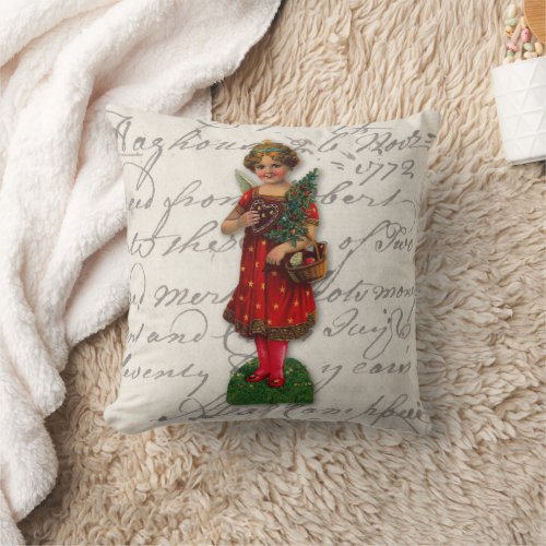 Cute Red Christmas Angel _ Victorian Paper Scrap Throw Pillow