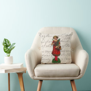 Cute Red Christmas Angel - Victorian Paper Scrap Throw Pillow