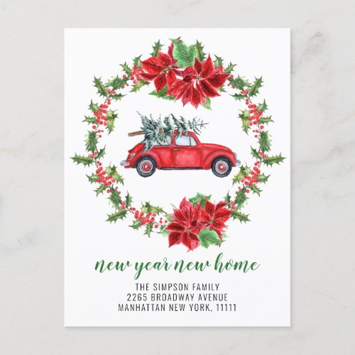 Cute Red Christmas Car Holiday Moving Announcement Postcard