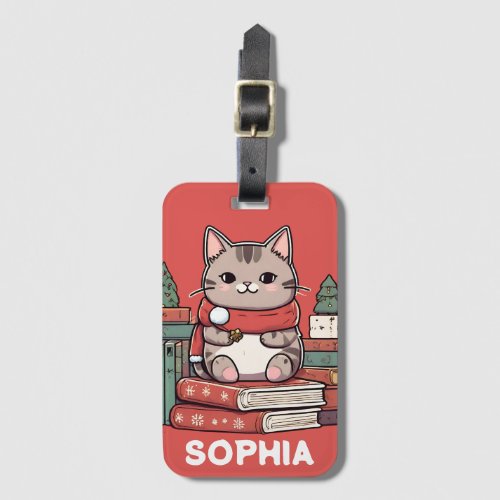 Cute Red Christmas Cat Name Personalized Kids Luggage Tag