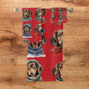 Cute Red Christmas Dachshund Bath Towel Set