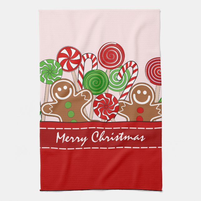 Cute red Christmas gingerbreads Kitchen Towel (Vertical)