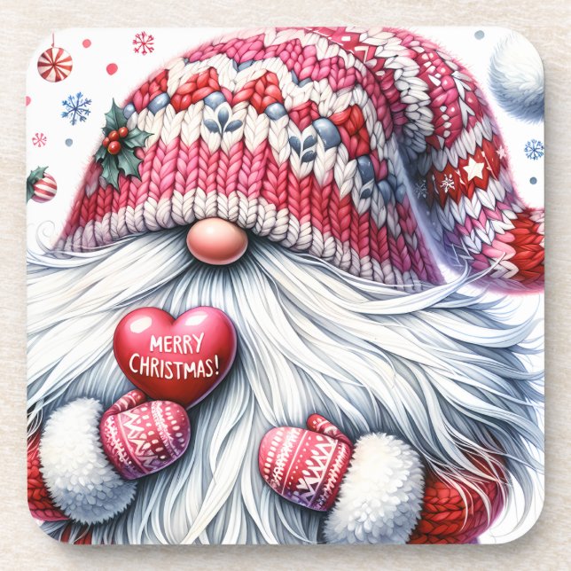 Cute Red Christmas Gnome Beverage Coaster (Front)
