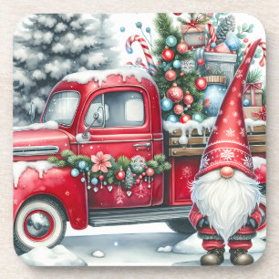 Cute Red Christmas Gnome/Vintage Truck Beverage Coaster