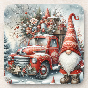Cute Red Christmas Gnome/Vintage Truck Beverage Coaster