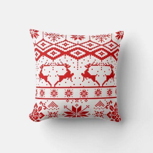 Cute Red Christmas Knitted Reindeer Throw Pillow