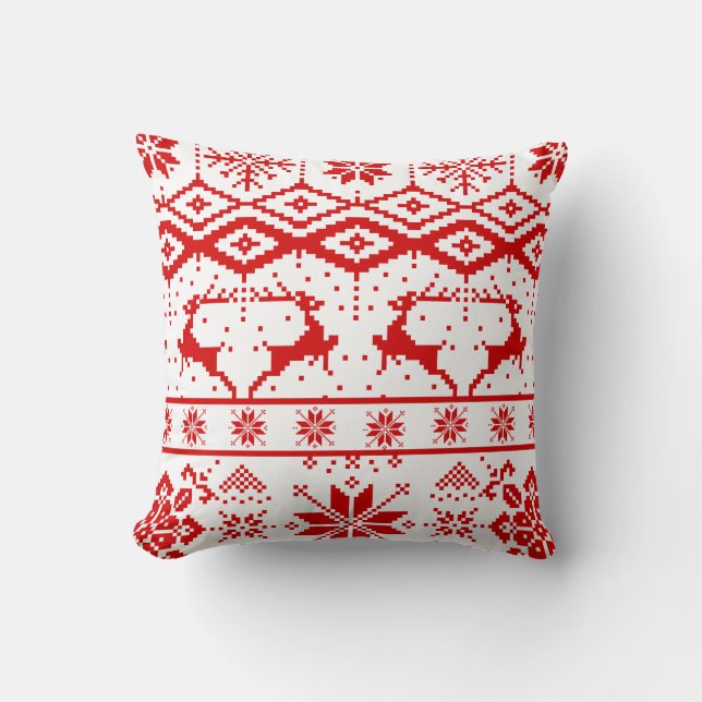 Cute Red Christmas Knitted Reindeer Throw Pillow (Front)