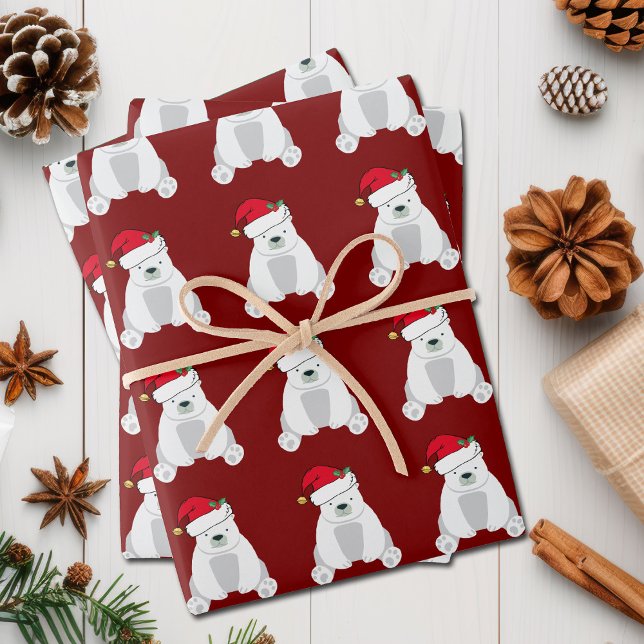 Cute Red Christmas Polar Bear Santa Hat Kids Wrapping Paper Sheets (Creator Uploaded)