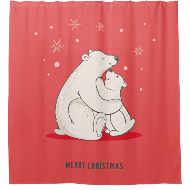 Cute Red Christmas Polar Bears Shower Curtain (Front)