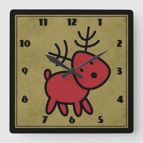 Cute Red Christmas Reindeer Illustration Square Wall Clock