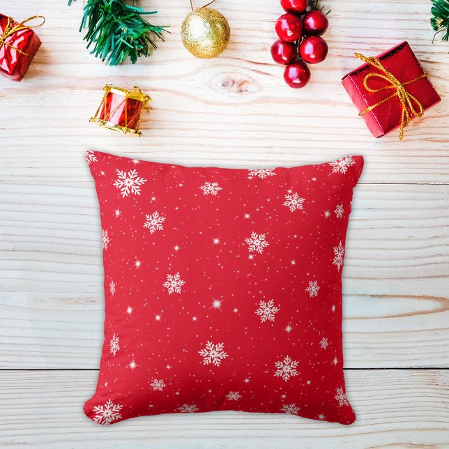 Cute Red Christmas Stars Snowflakes Pattern Throw Pillow (Creator Uploaded)