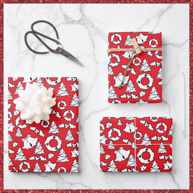 Cute Red Christmas Trees Wreaths And Bells Wrapping Paper Sheets (Creator Uploaded)