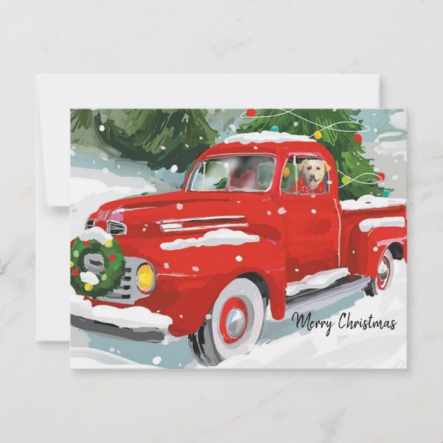 Cute Red Christmas Truck With Dog Holiday Card (Front)