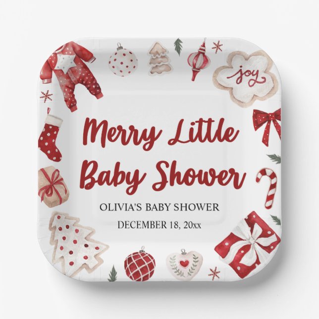Cute Red Christmas Winter Merry Little Baby Shower Paper Plates (Front)