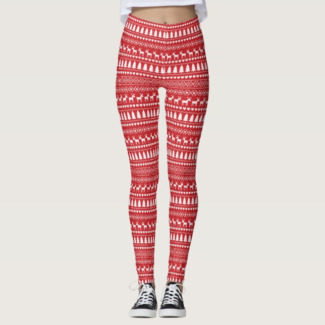 Cute red Christmas with Xmas trees, deers Leggings (Front)