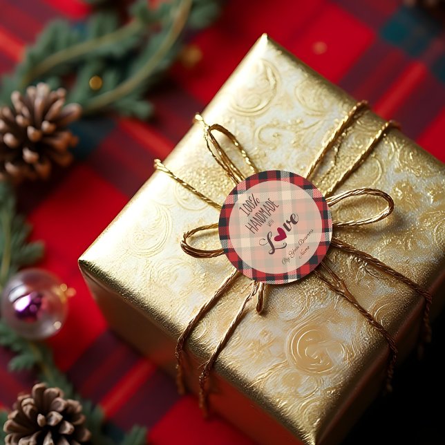 Cute Red Classic Tartan Handmade with Love Quote  Classic Round Sticker (Cute Red Classic Tartan Handmade with Love Quote Classic Round Stickers.)