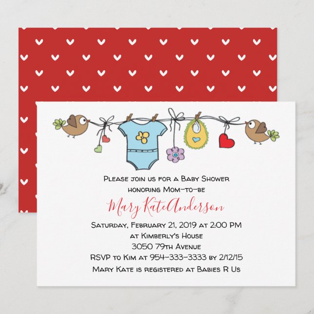 Cute Red Clothes Line Gender Neutral BABY SHOWER Invitation (Front/Back)