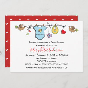 Cute Red Clothes Line Gender Neutral BABY SHOWER Invitation