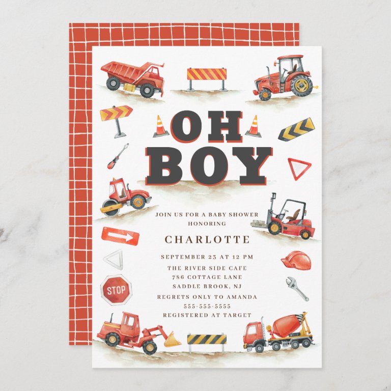 Cute Red Construction Truck Baby Shower Invitation