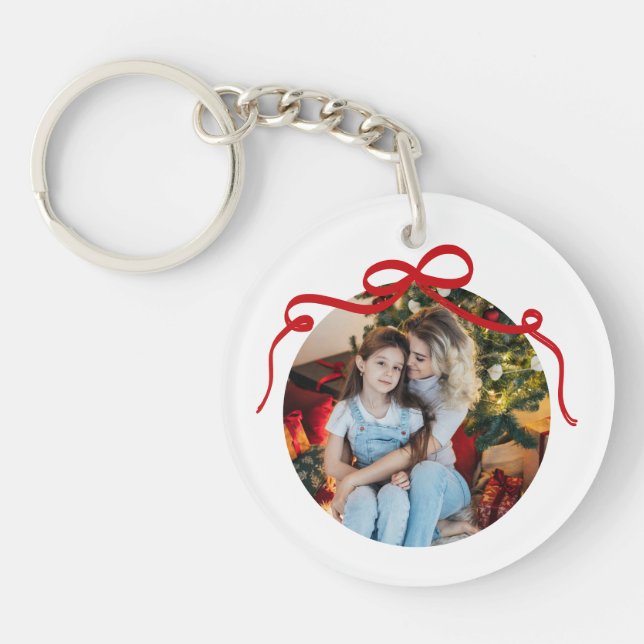 Cute Red Coquette Bow Ribbon Custom Photo Gift Keychain (Front)