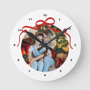 Cute Red Coquette Bow Ribbon Custom Photo Gift Round Clock