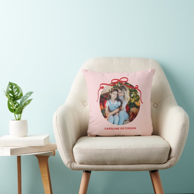 Cute Red Coquette Bow Ribbon Custom Photo Gift Throw Pillow (Chair)