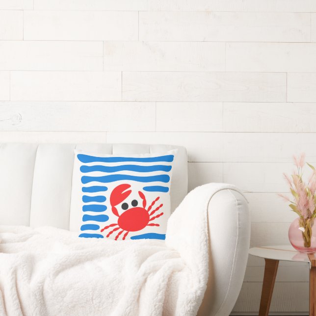 Cute Red Crab & Blue Waves Coastal Chowder Throw Pillow (Couch)