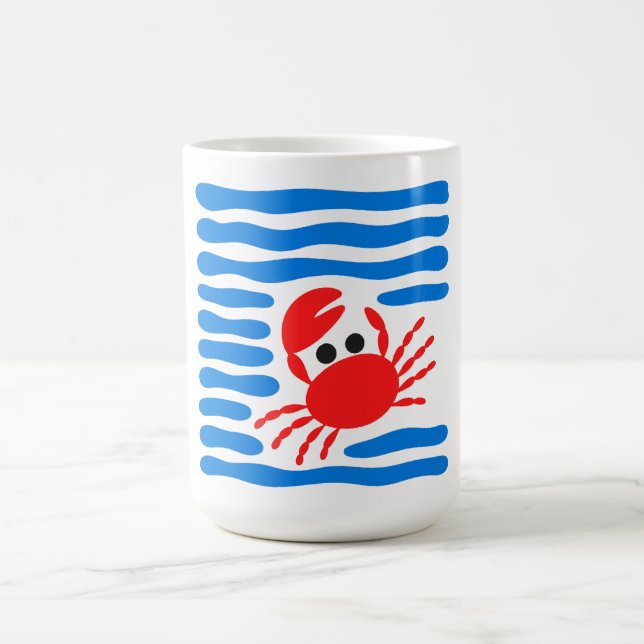 Cute Red Crab & Blue Waves Coastal Coffee Mug (Center)