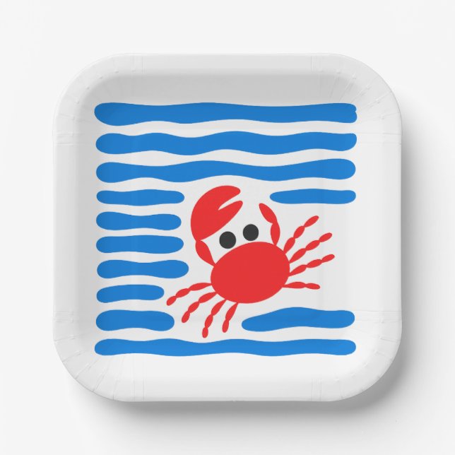 Cute Red Crab & Blue Waves Coastal Paper Plates (Front)