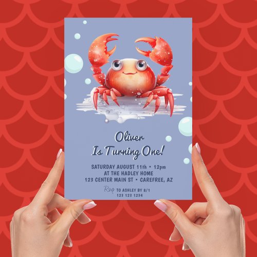 Cute Red Crab Boy 1st Birthday Invitation