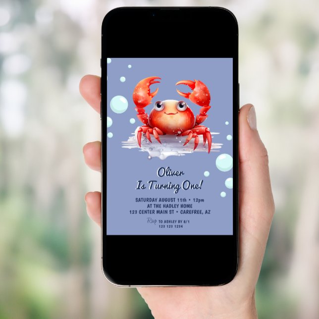 Cute Red Crab Boy 1st Birthday Invitation (Front Digital)