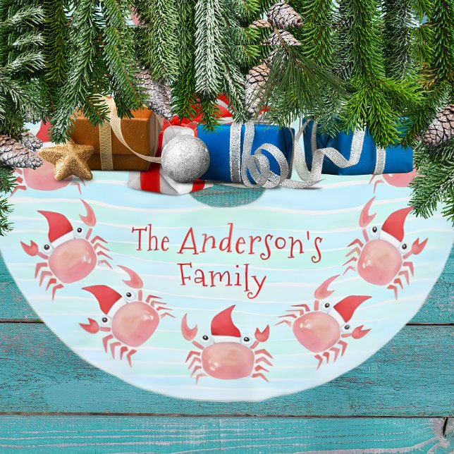Cute Red Crab with Santa Hat Coastal Christmas Brushed Polyester Tree Skirt (Creator Uploaded)