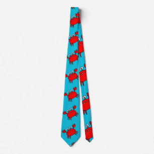 Cute Red Crabs Pattern in Aqua Blue Neck Tie