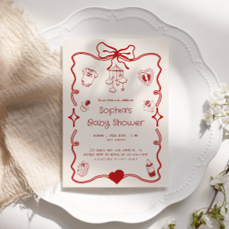 Cute Red & Creamy Baby Shower for Girls or Boys Invitation