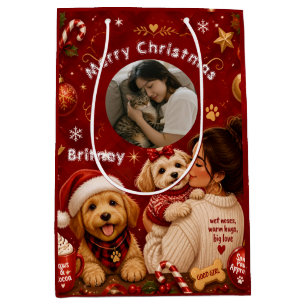 Cute Red Crimson Merry Christmas Dog Mom Photo Medium Gift Bag
