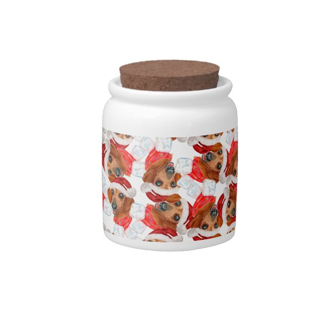 Cute Red Dachshund Christmas Pattern Candy Jar (Front)