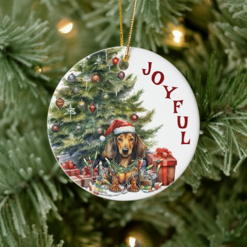 Cute Red Dachshund Dog Wrapped in Christmas Lights Ceramic Ornament