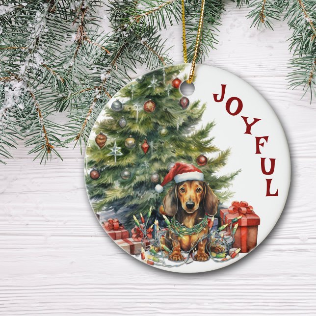 Cute Red Dachshund Dog Wrapped in Christmas Lights Ceramic Ornament (Creator Uploaded)
