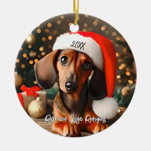 Cute Red Dachshund Puppy with Santa Hat Ceramic Ornament