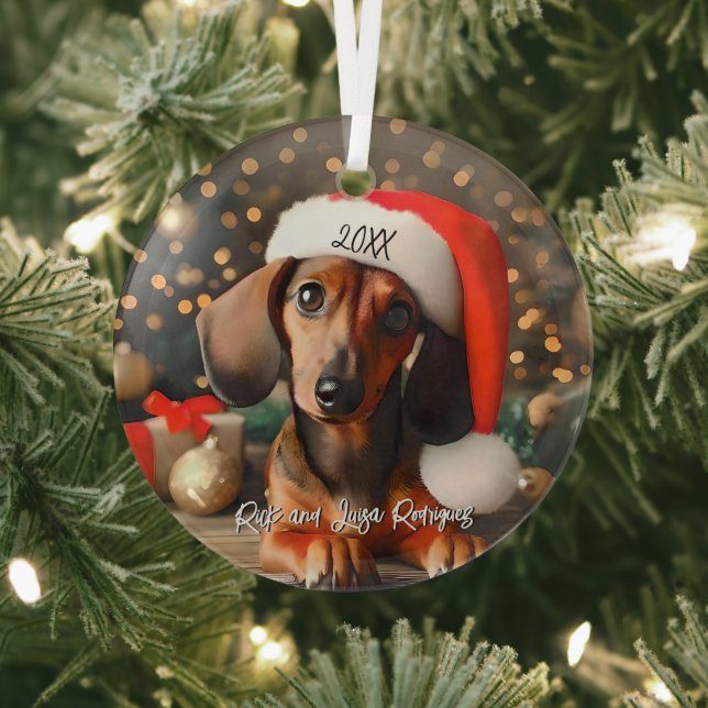 Cute Red Dachshund Puppy with Santa Hat Glass Ornament (Insitu)