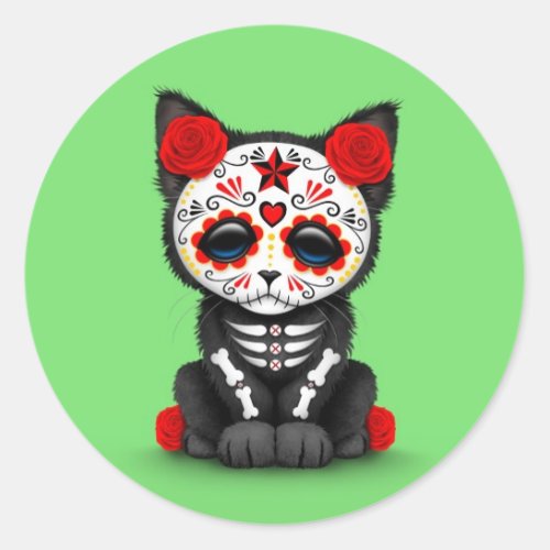 Cute Red Day of the Dead Kitten Cat green Classic Round Sticker