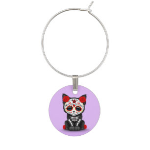 Cute Red Day of the Dead Kitten Cat, Purple Wine Glass Charm