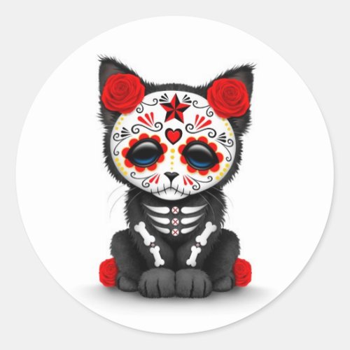 Cute Red Day of the Dead Kitten Cat white Classic Round Sticker