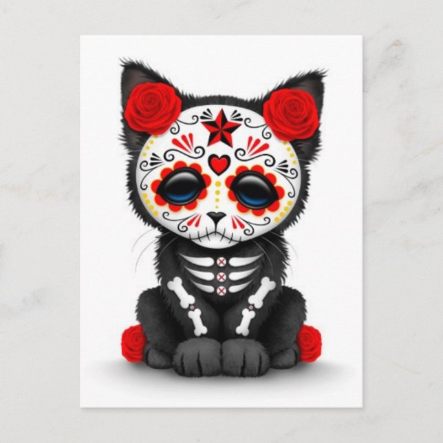 Cute Red Day of the Dead Kitten Cat, white Postcard (Front)