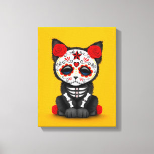 Cute Red Day of the Dead Kitten Cat, yellow Canvas Print