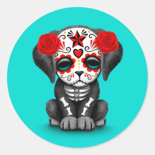 Cute Red Day of the Dead Puppy Dog Blue Classic Round Sticker