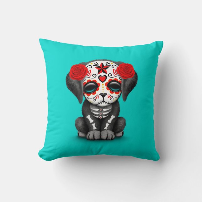 Cute Red Day of the Dead Puppy Dog Blue Throw Pillow (Front)
