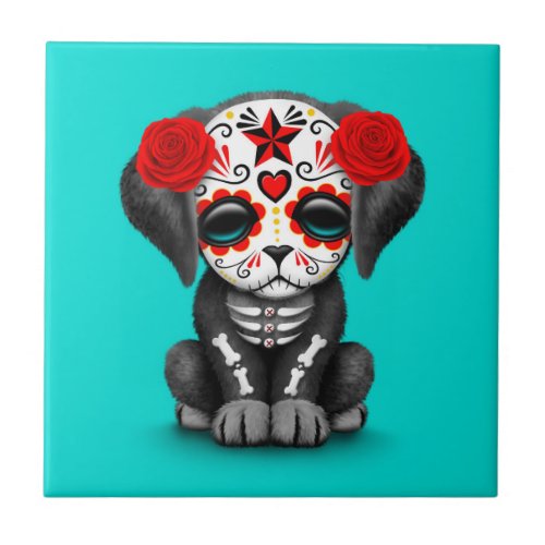 Cute Red Day of the Dead Puppy Dog Blue Tile