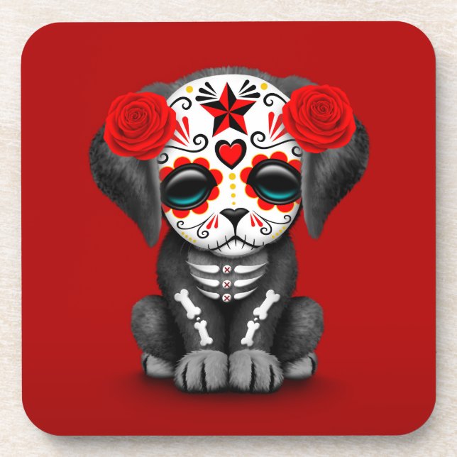 Cute Red Day of the Dead Puppy Dog Drink Coaster (Front)