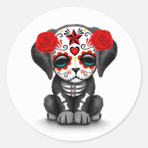 Cute Red Day of the Dead Puppy Dog White Classic Round Sticker